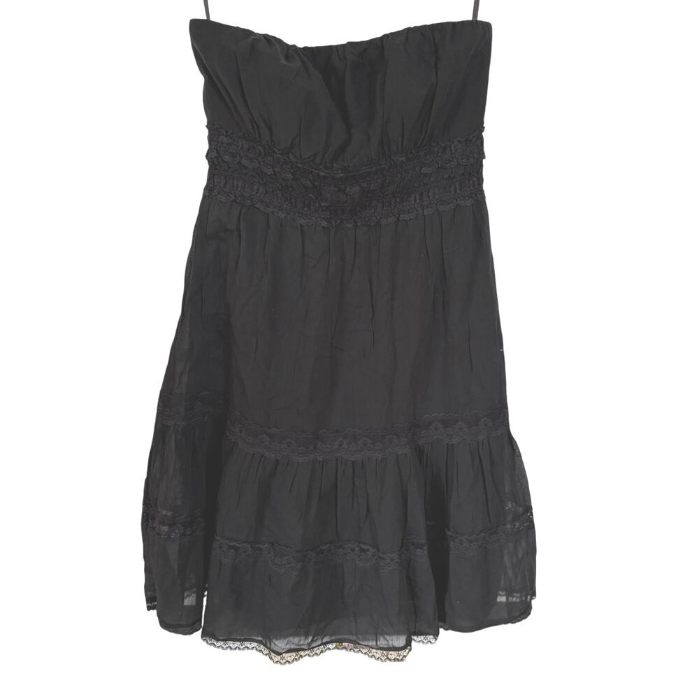 Vtg Y2K Black Strapless Tiered Goth Prairie Mini Dress Whimsigoth Lace Size 6